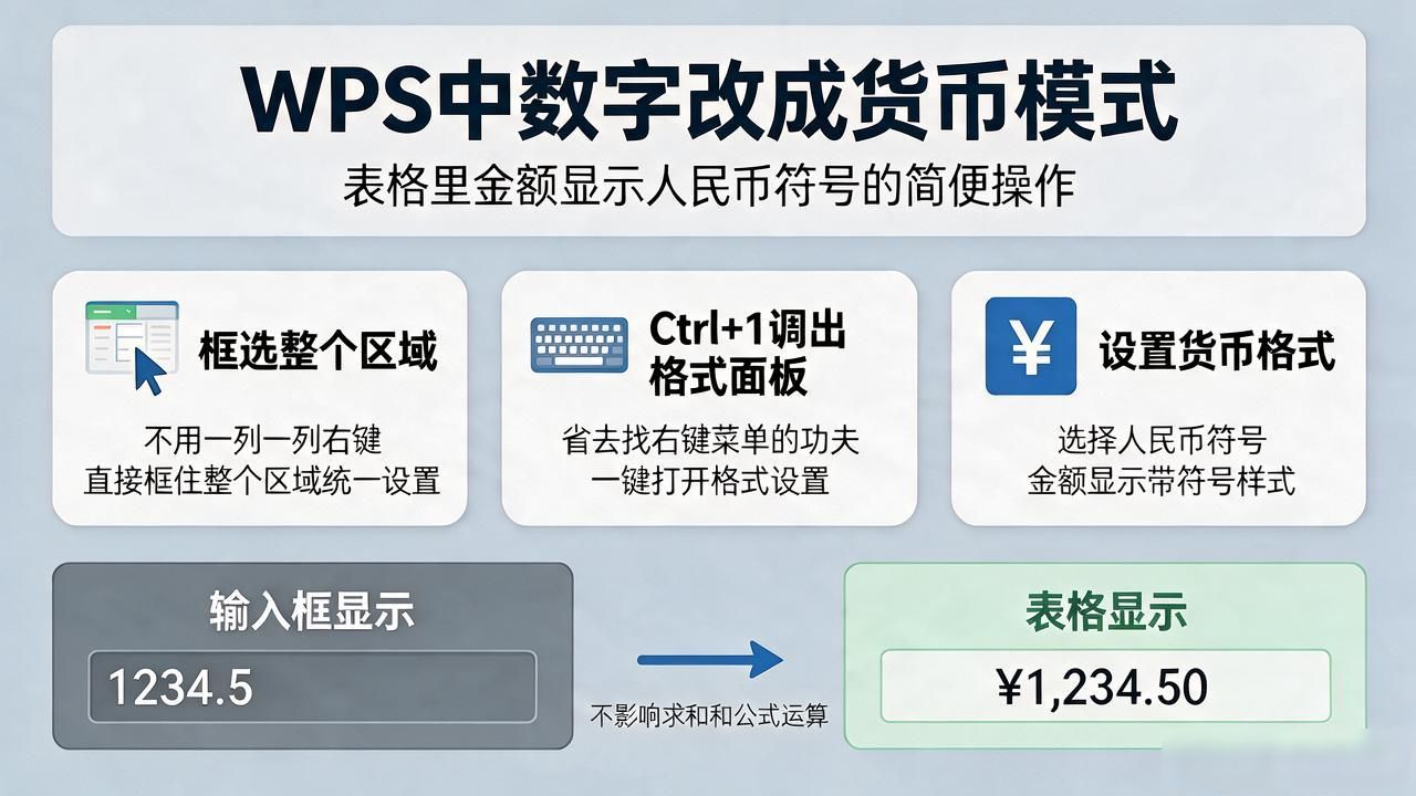 WPS中数字改成货币模式，表格里金额显示人民币符号的简便操作